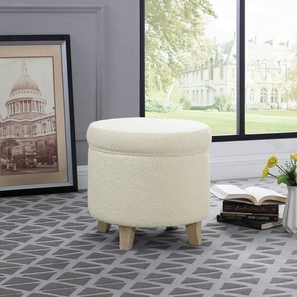 Cole Classics Round Storage Ottoman Flared Wood Leg Faux Sheepskin Cream - HomePop