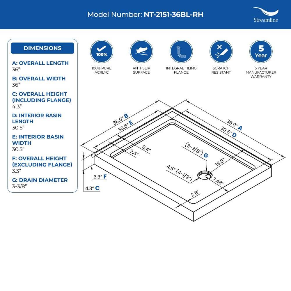 Streamline Bath NT-2151-36BL-RH Streamline NT-2151-36BL-RH 36 in. x 36 in. Corner Acrylic Shower Base in Glossy Black with Right Hand Drain, Drain Included