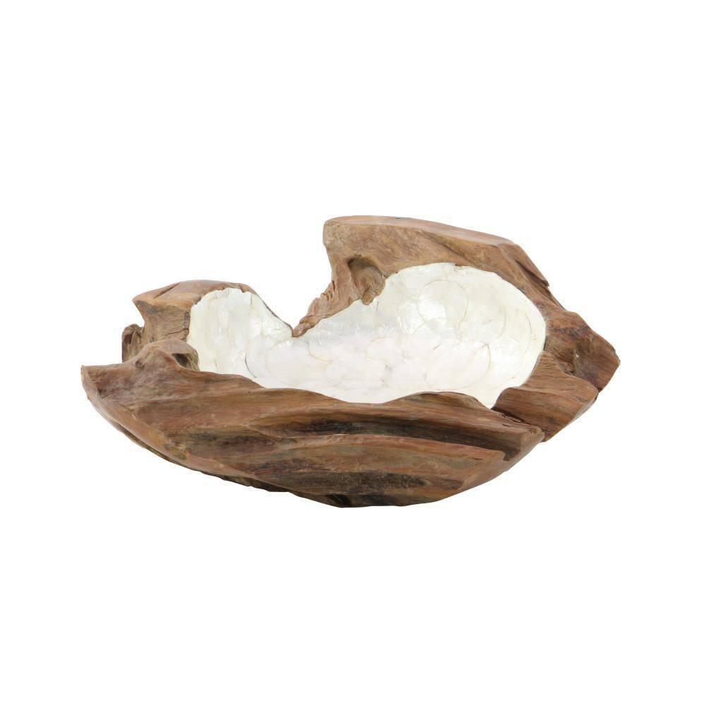 DecMode 16" Handmade Round Live Edge Free Form Brown Teak Wood Decorative Bowl with Capiz Interior
