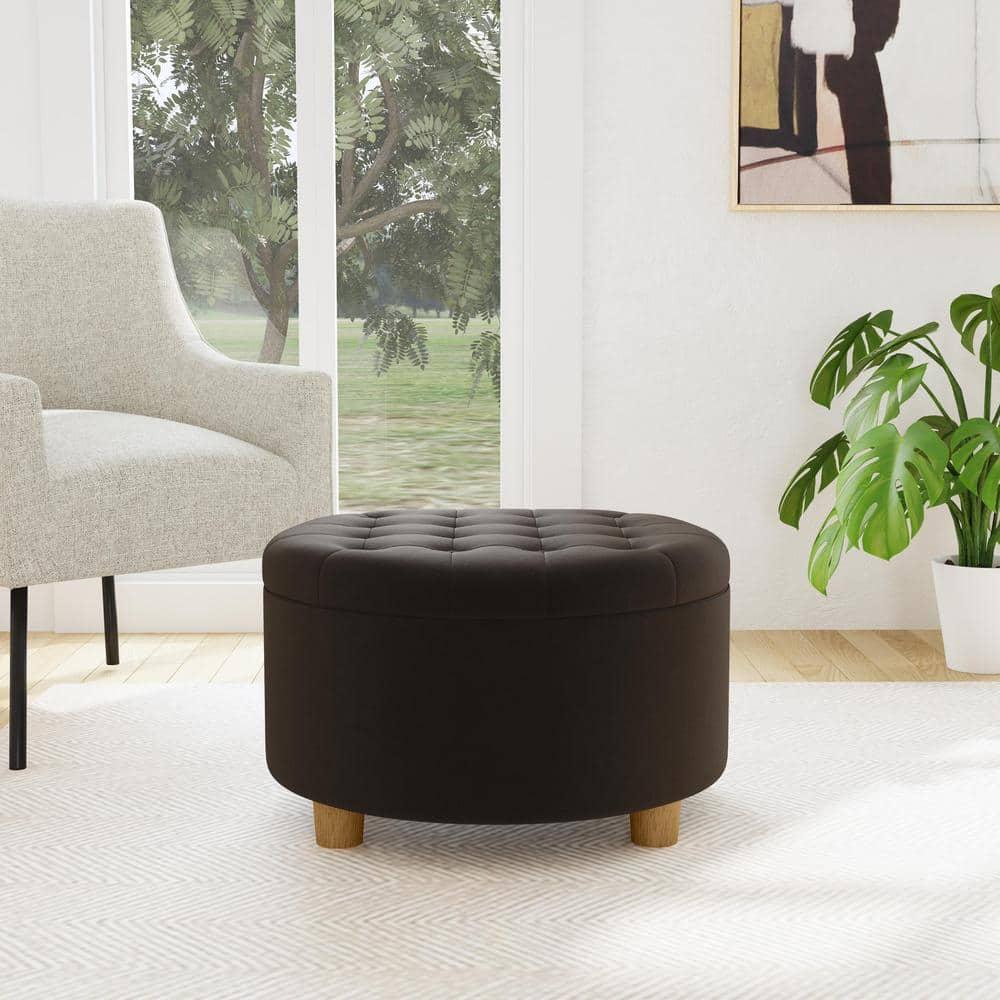 Tufted Round Storage Ottoman Velvet Brown - HomePop: Elegant Honey Oak Legs, Upholstered, Easy to Assemble
