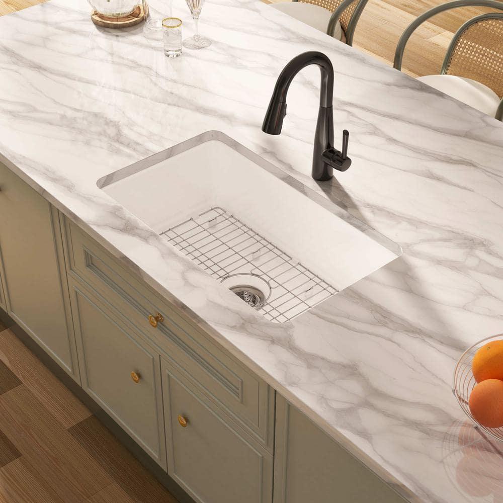 Eridanus Oslo 30" x 18" White Single Bowl Fireclay Undermount Kitchen Sink with Basket Strainer and Bottom Grid ERI-DS-164