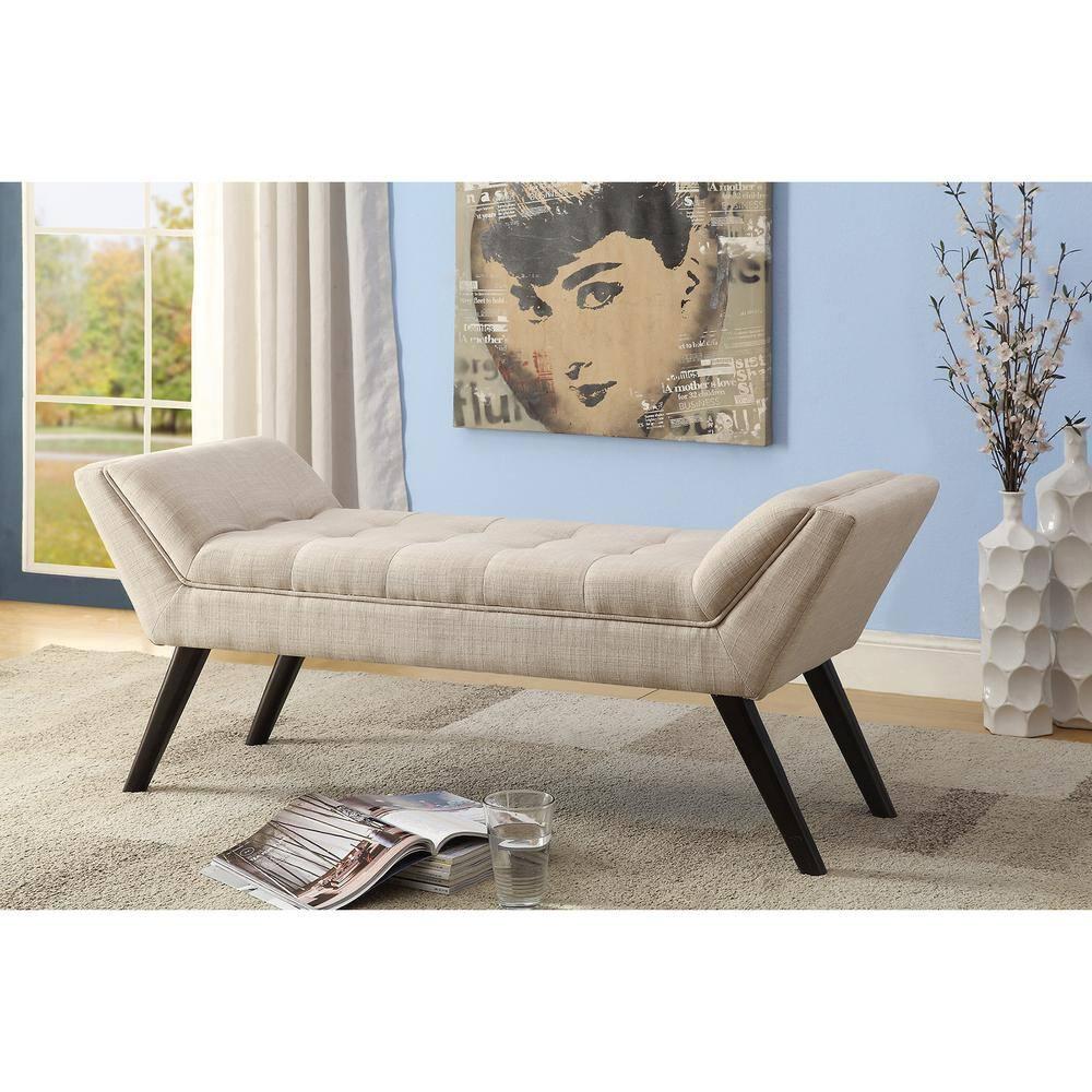 Tamblin Mid-Century Modern Retro Linen Fabric Upholstered Grid - Tufting 50" Bench - Beige - Baxton Studio: Plywood Frame, Polyester Upholstery