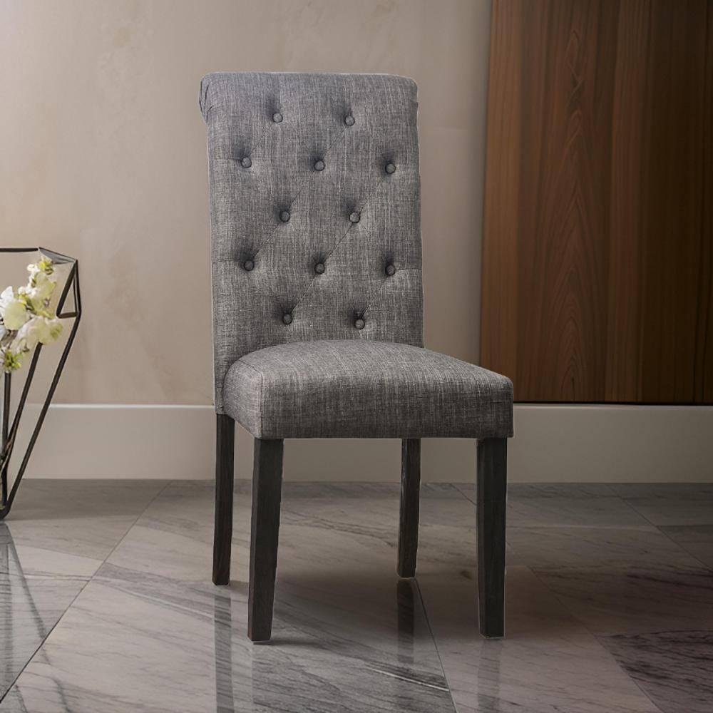 27 Inch Fabric Dining Chair, Button Tufted Rolled Back, Wood, Gray - Saltoro Sherpi