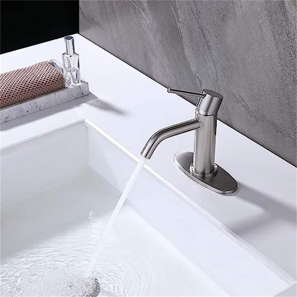 Brushed Nickel Single Hole Bathroom Faucets Single Handle, JXMMP Brushed Bathroom Vanity Sink Faucet with Pop Up Drain Assembly and 6 inch Deck Plate