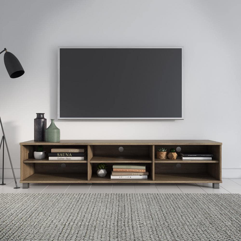 CorLiving Hollywood TV Stand for TVs up to 85" Wood Grain Brown: Modern Entertainment Center with Open Shelves