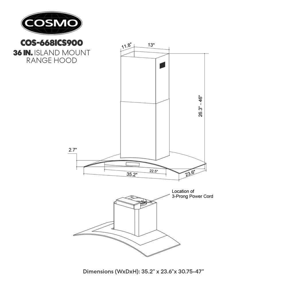 Cosmo COS-668ICS900 36 Inch Island Range Hood w/ Touch Controls, Stainless Steel