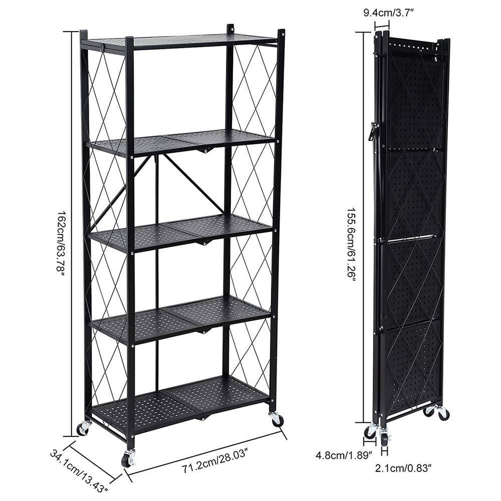 5-Tier Black Metal Kitchen Shelf Foldable Storage Rack with WheelsMultifunctional Cart