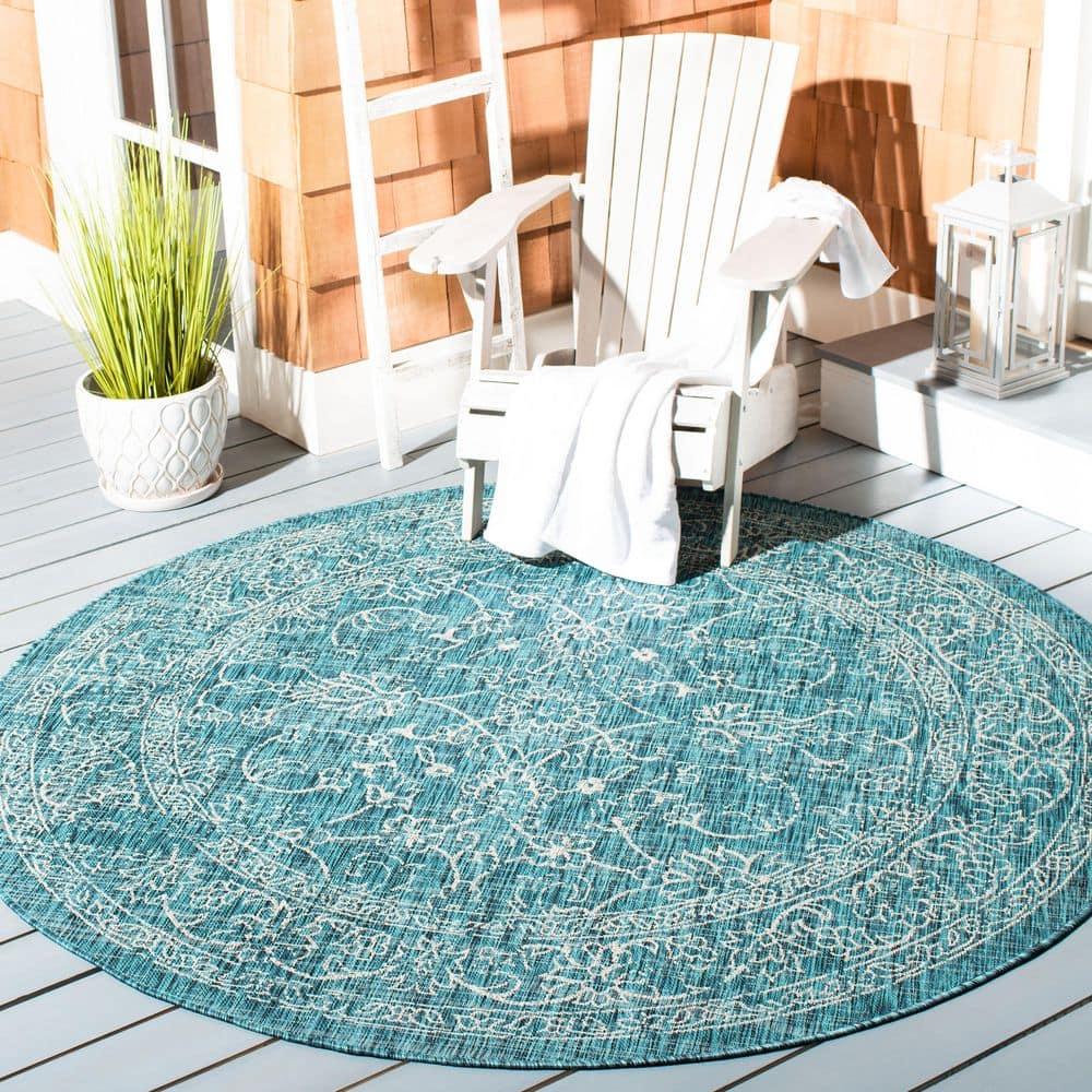 SAFAVIEH Courtyard Darin Botanical Indoor/Outdoor Area Rug, Turquoise, 6'7" x 6'7" Round