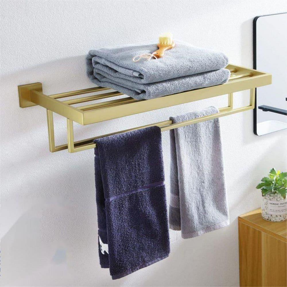 KOKOSIRI Towel Shelf Holder 24'' Bathroom Towel Rack with Two Bath Towel Bars Rails SUS304 Stainless Steel Wall Mount, Brushed Gold, B6003BG