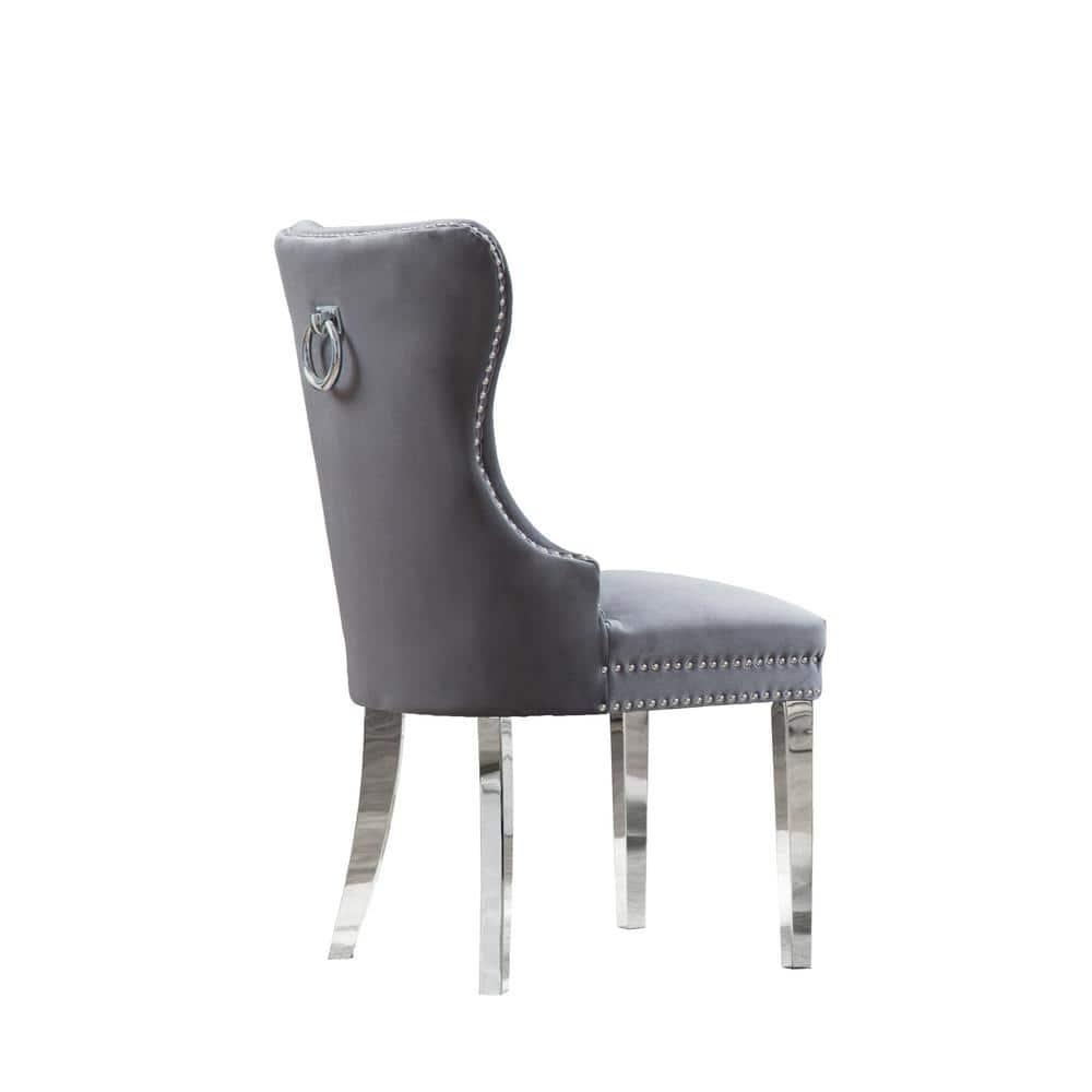 Tufted Dark Gray Velvet Side Chairs with Silver Stainless Steel (Set of 2)