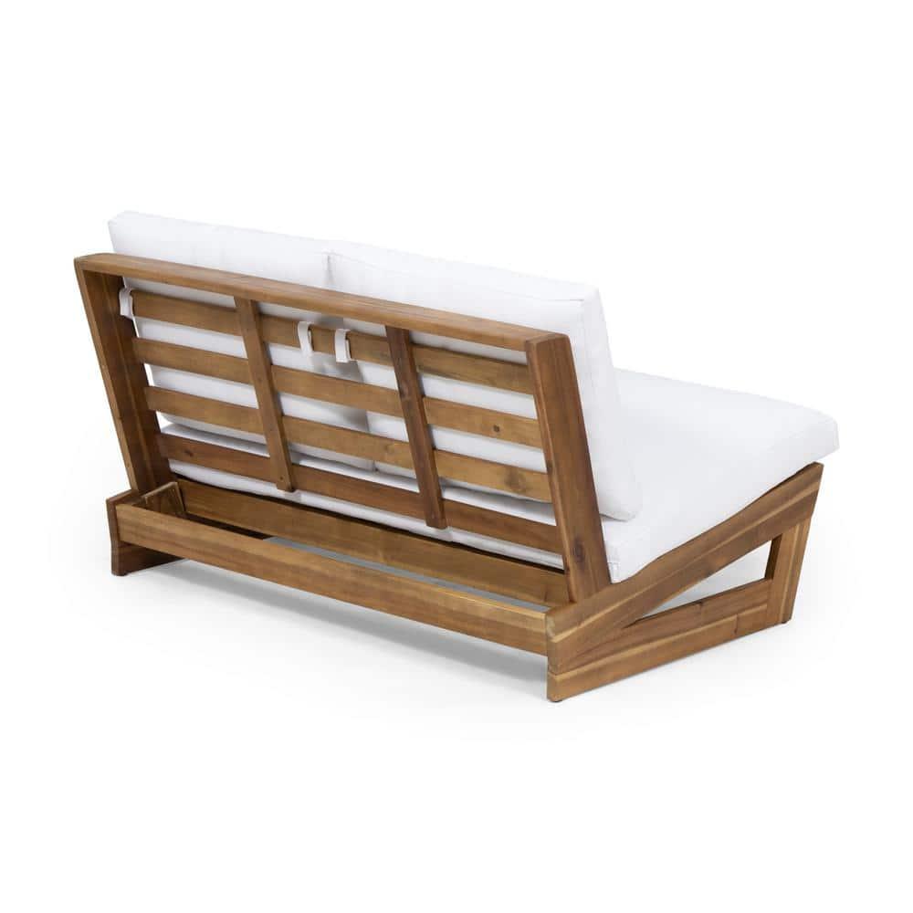 Roy Outdoor Acacia Wood Loveseat with Cushions, Teak and White