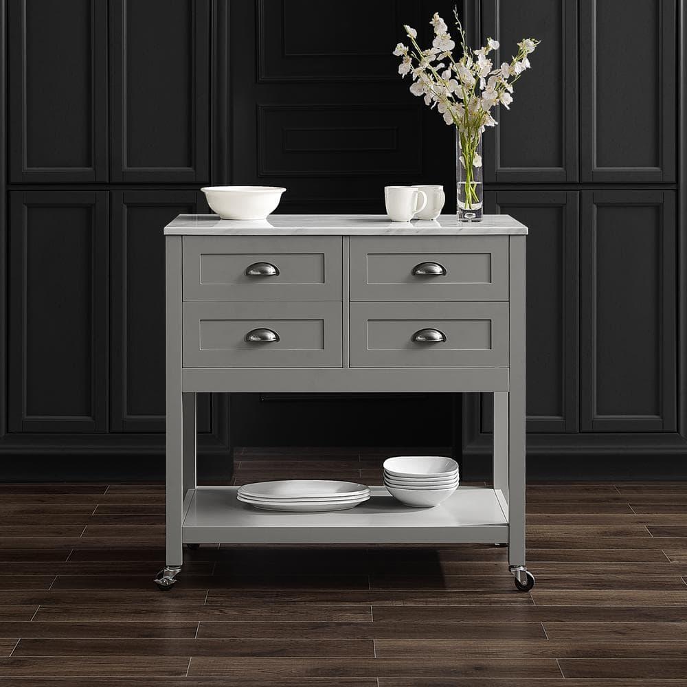Connell Kitchen Island Cart Gray/White Marble - Crosley: Mobile Storage, 4 Drawers, Open Shelf, Locking Wheels
