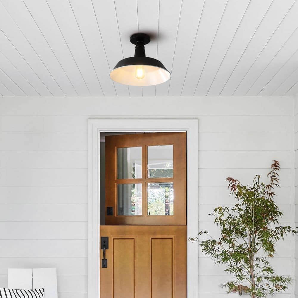 JONATHAN Y Camila 14" 1-Light Classic Industrial Indoor/Outdoor Iron LED Semi Flush Mount, Black/White, JYL7617B