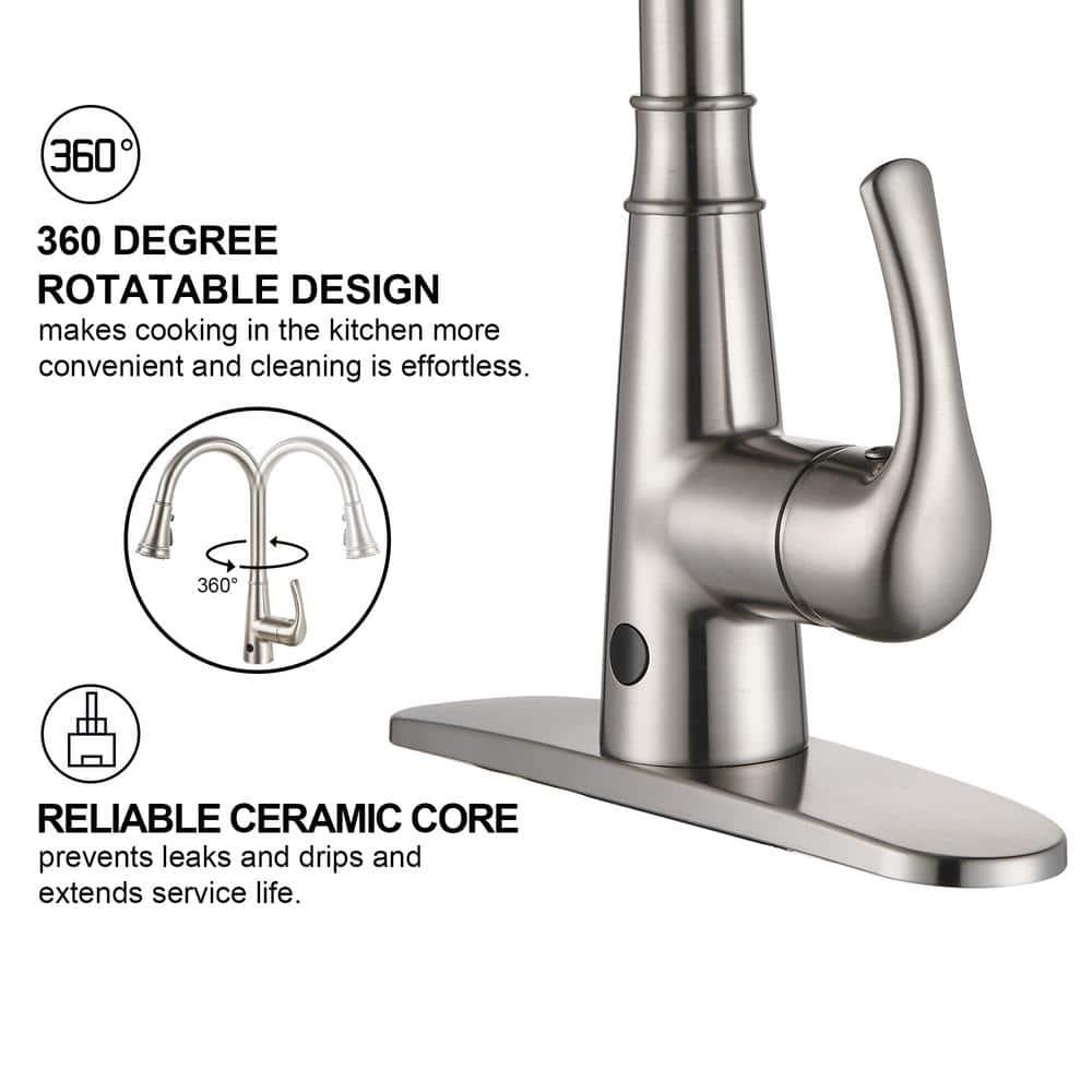 Touchless Gooseneck Single Handle Pull Down Sprayer Kitchen Faucet with Deckplate Pull Out Sink Faucet in Brushed Nickel