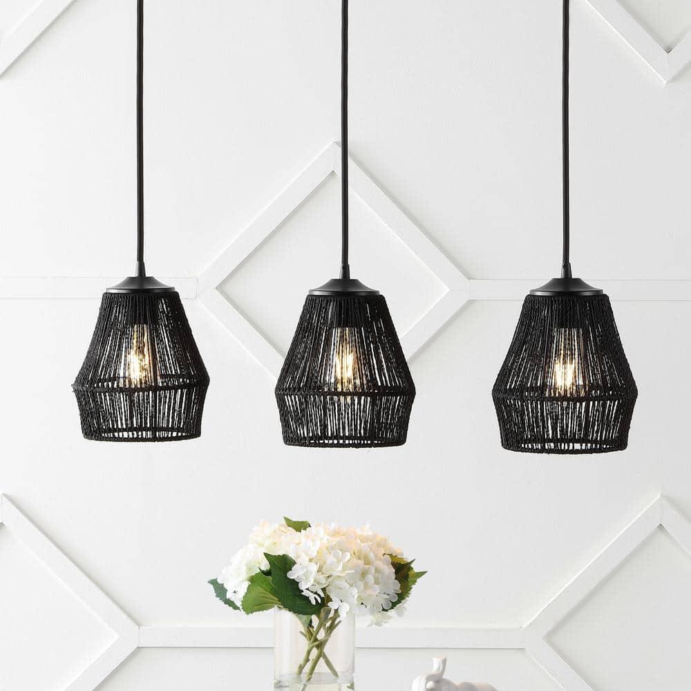 30" 3-Light Ibiza Island Woven Rope/Metal Bohemian Coastal Linear Pendant (Includes LED Light Bulb) Black - JONATHAN Y