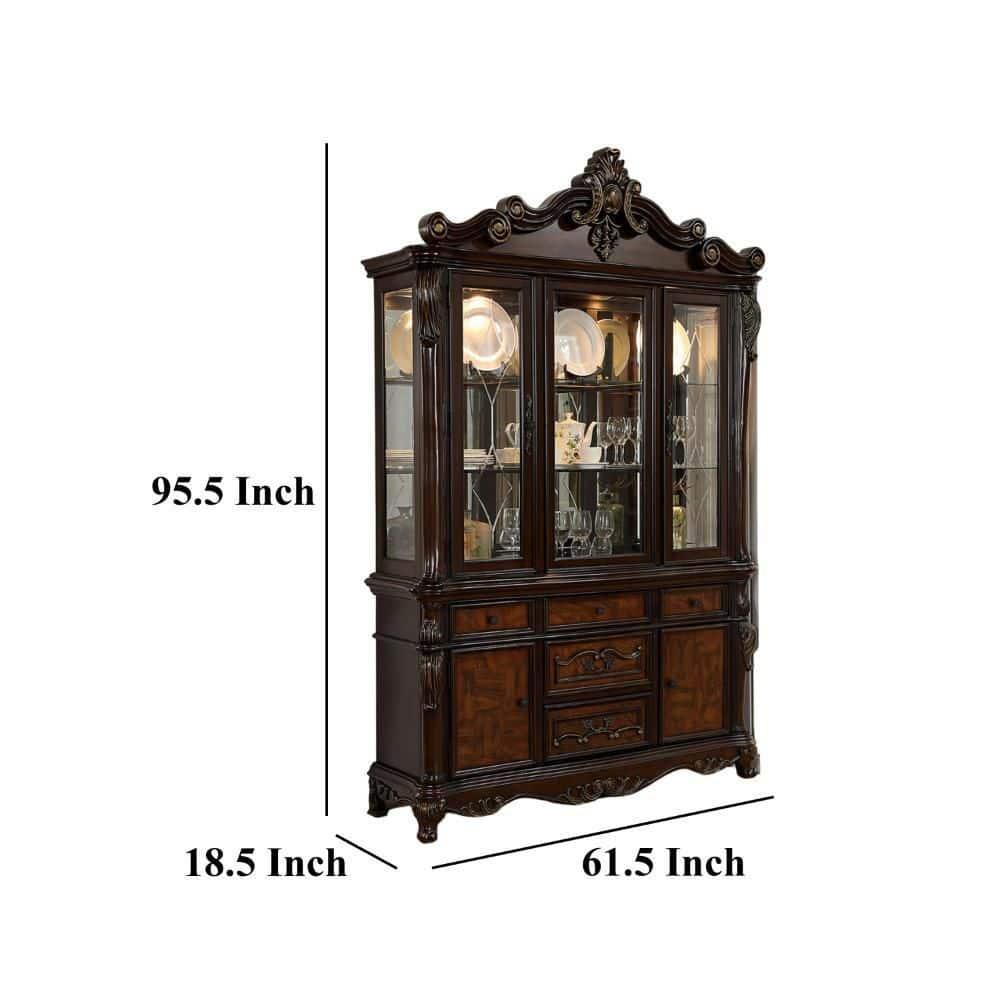 Benjara Zenie Buffet Cabinet and Hutch, Classic Carved, Cherry Brown Solid Wood