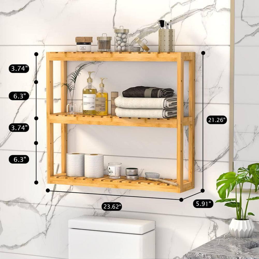 Domax Bamboo Bathroom Shelf 3-Tier Wall Mount Storage Rack Multifunctional Adjustable Layer Free Standing Over Toilet Utility Shelves Living Room Kitchen (Bamboo)