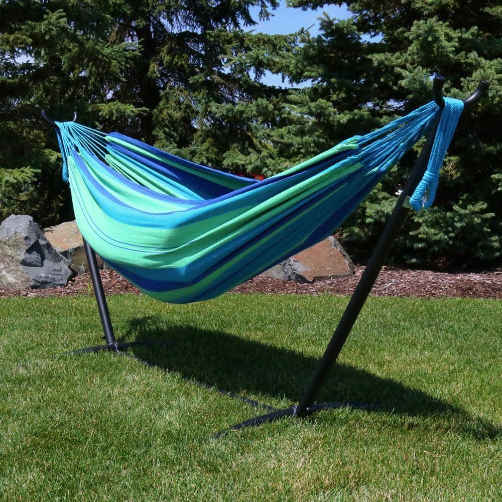 Sunnydaze Indoor/Outdoor Portable Brazilian Double Hammock with Stand and Carrying Pouch - 400 lb Weight Capacity - Beach Oasis