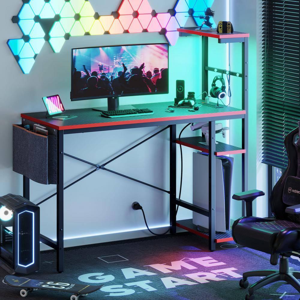 Bestier 44 inch LED Gaming Desk with Outlets & USB Ports Computer Desk with Storage Shelves in Black Carbon Fiber