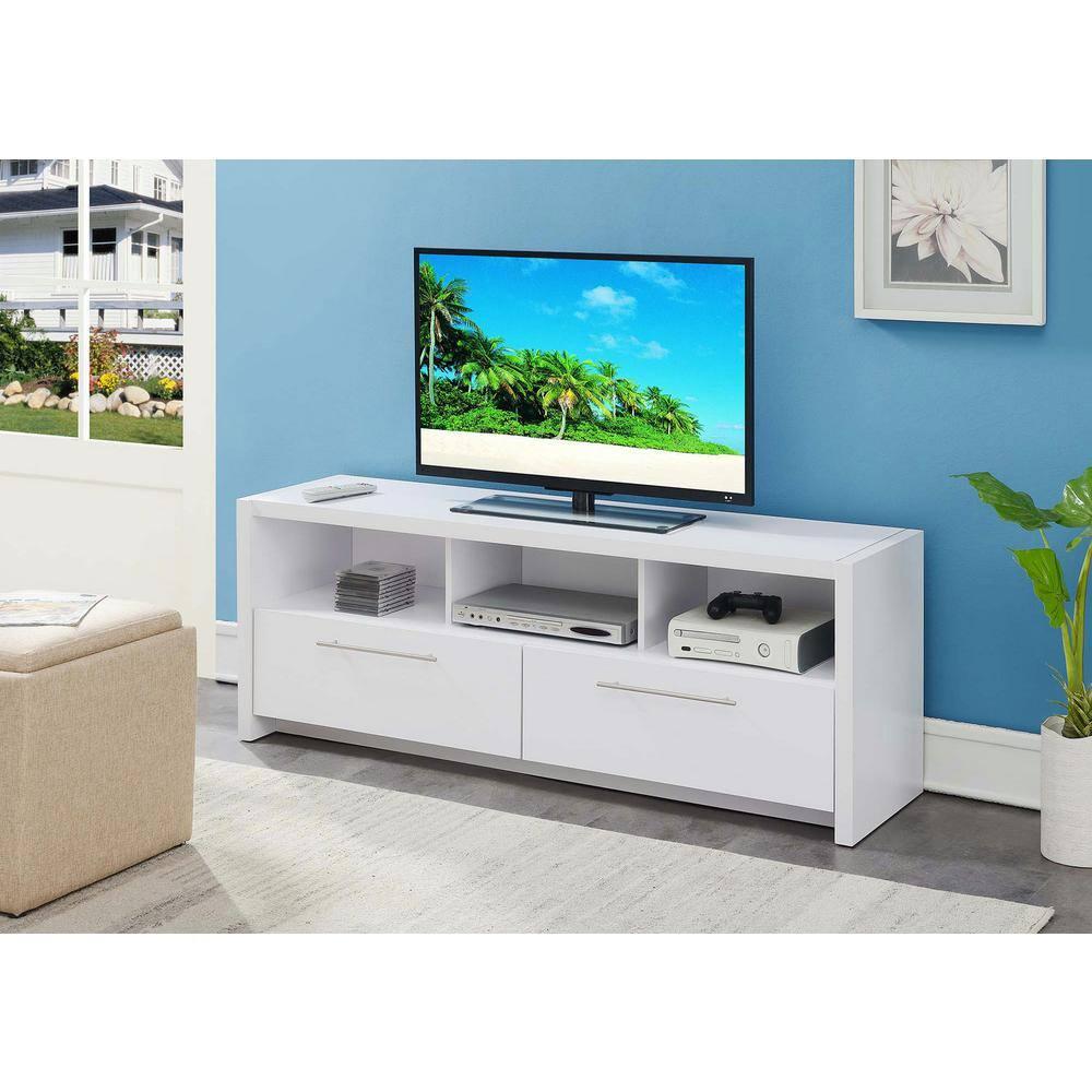 Convenience Concepts Newport Marbella 60 inch TV Stand with Cabinets and Shelves, White