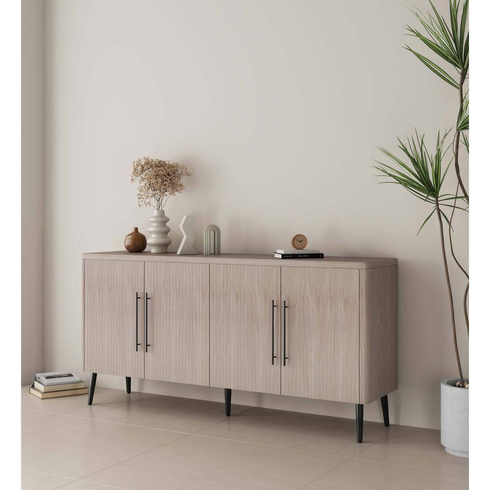 Manhattan Comfort Jodie 65" Mid-Century Modern Sideboard with 8 Adjustable Shelves in Whitewashed Oak