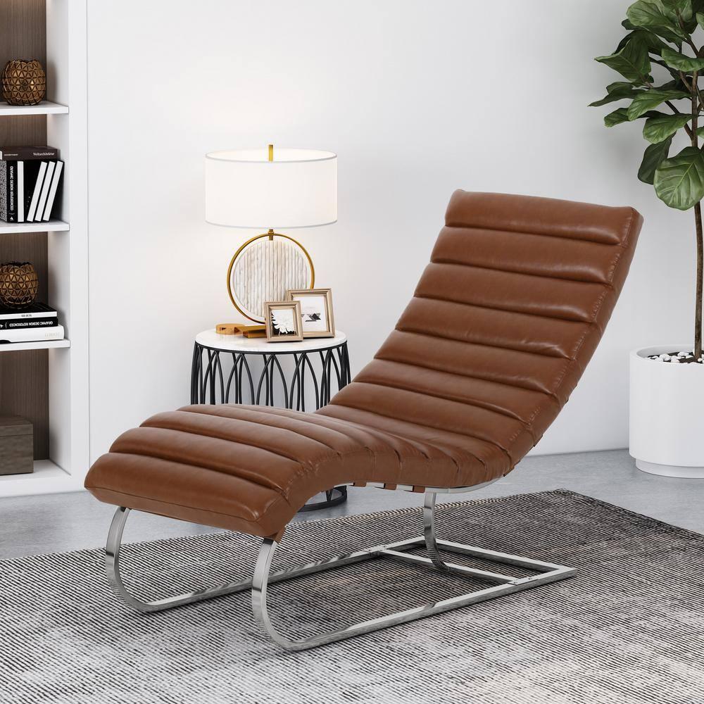 Noble House Amuri Indoor Faux Leather Tufted Chaise Lounge, Cognac