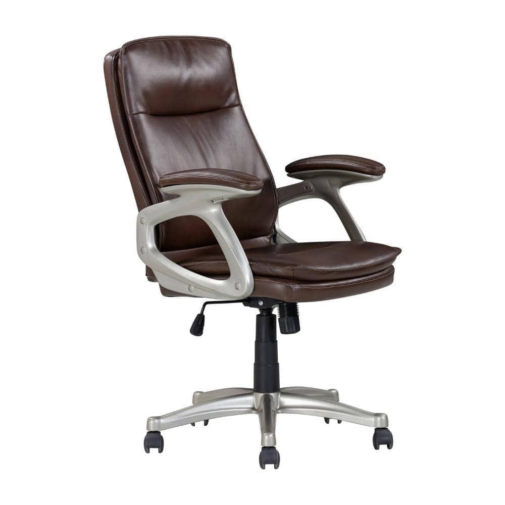 Benjara BM314719 28 in. Office Gaming Chair with 360 deg Swivel, Faux Leather, Brown, Silver & Black
