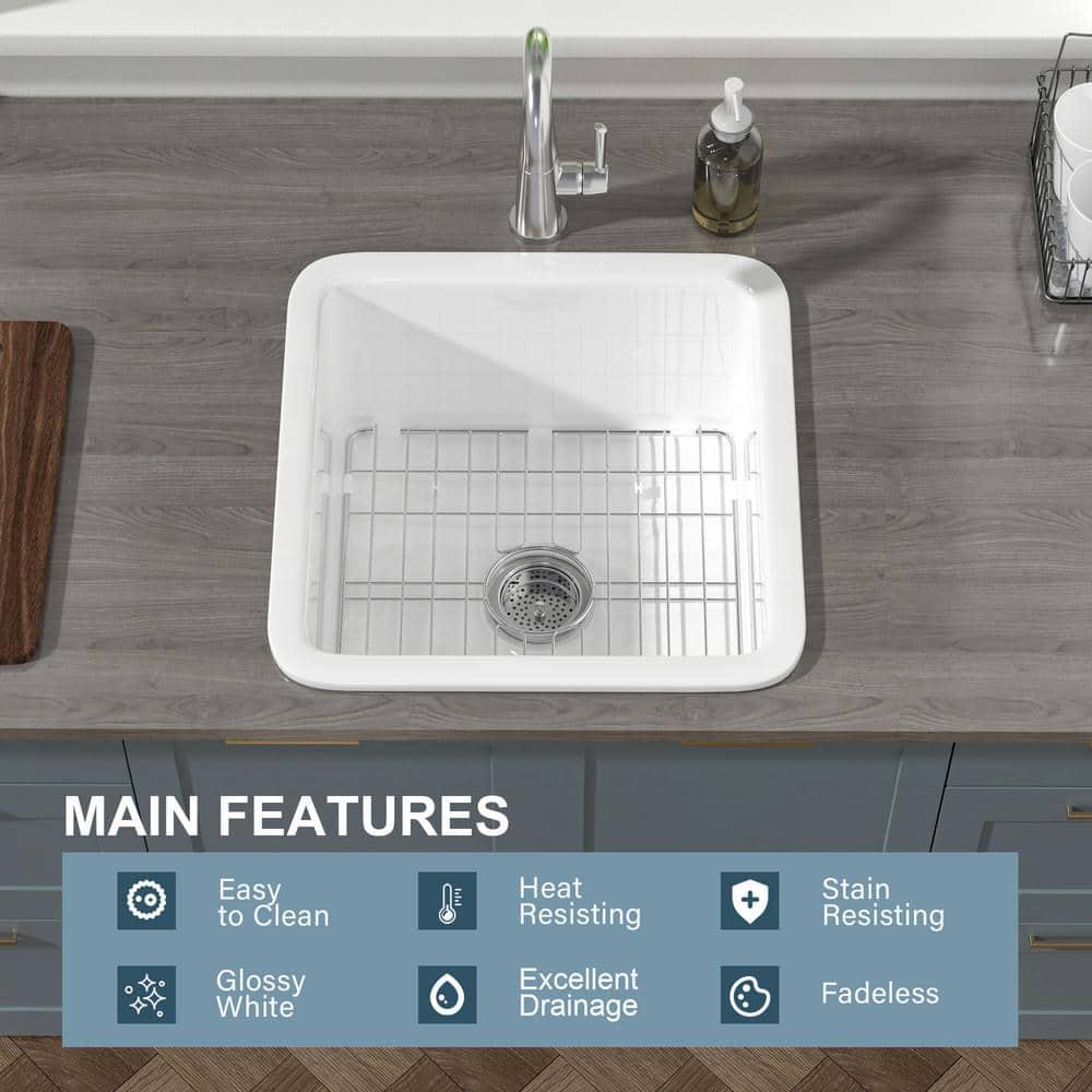 18" L x 18" W Single Bowl Fireclay Kitchen Sinks White with Bottom Grids and Basket Strainer