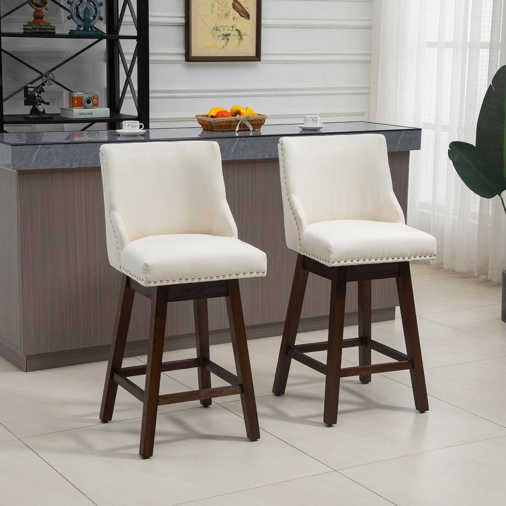 HOMCOM 28" Swivel Bar Height Bar Stools Set of 2, Armless Upholstered Barstools Chairs with Nailhead Trim and Wood Legs, Cream White
