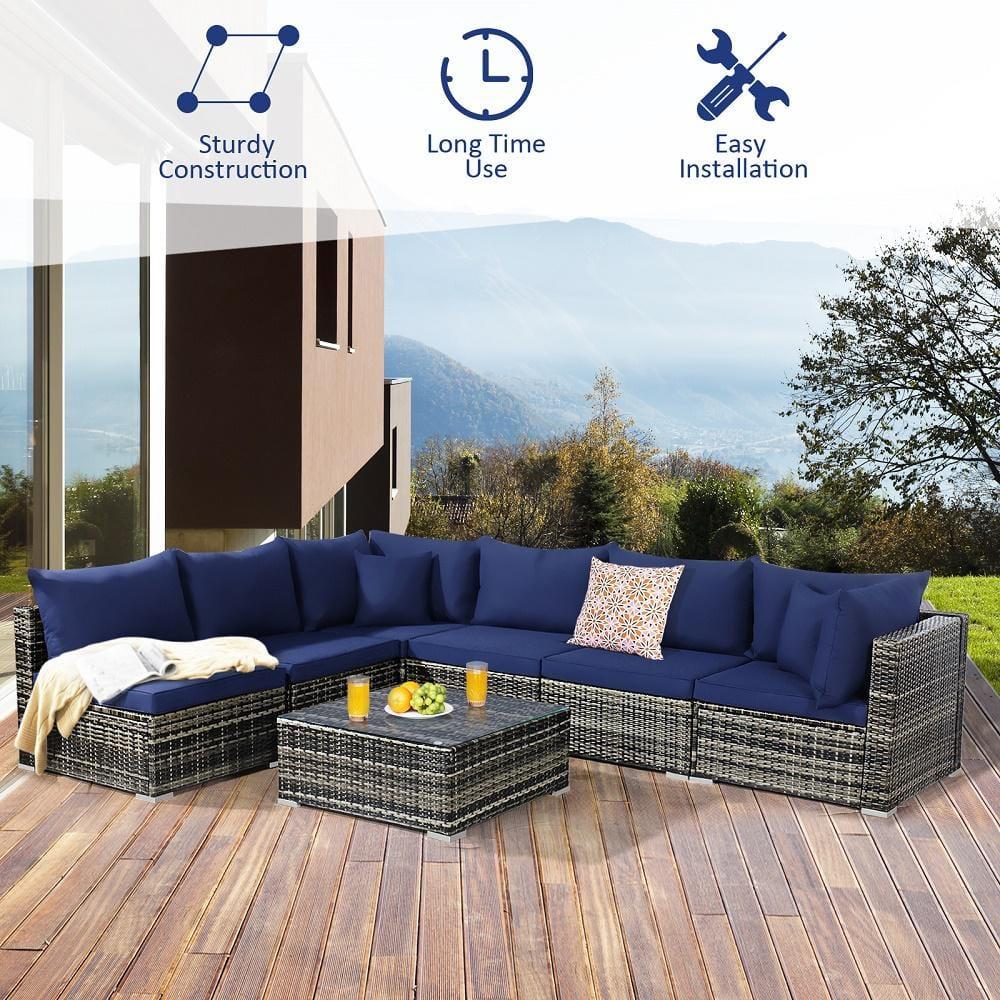 Costway 7PCS Patio Rattan Furniture Set Sectional Sofa Cushioned Garden Navy