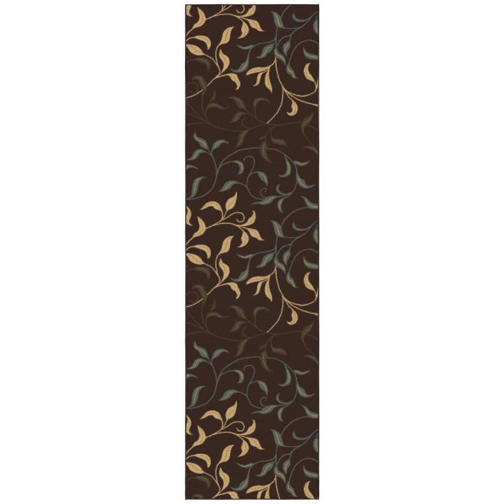 Ottohome Non-Slip Leaves Area Rug For Living Room, Hallway Runner, Entryway Rug, Brown