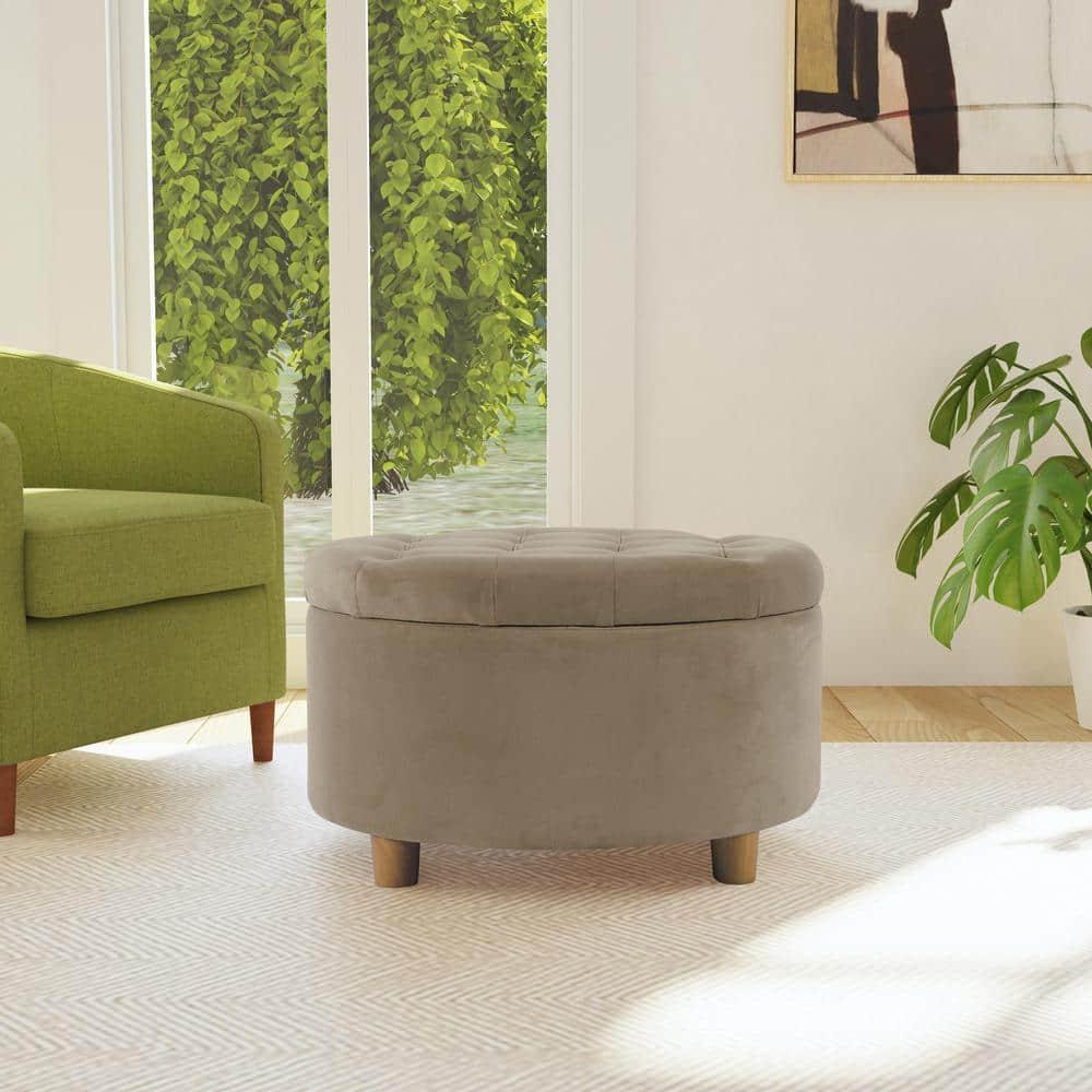 Tufted Round Storage Ottoman Fawn Velvet - HomePop: Lift-Off Lid, Honey Oak Legs, 250lb Capacity