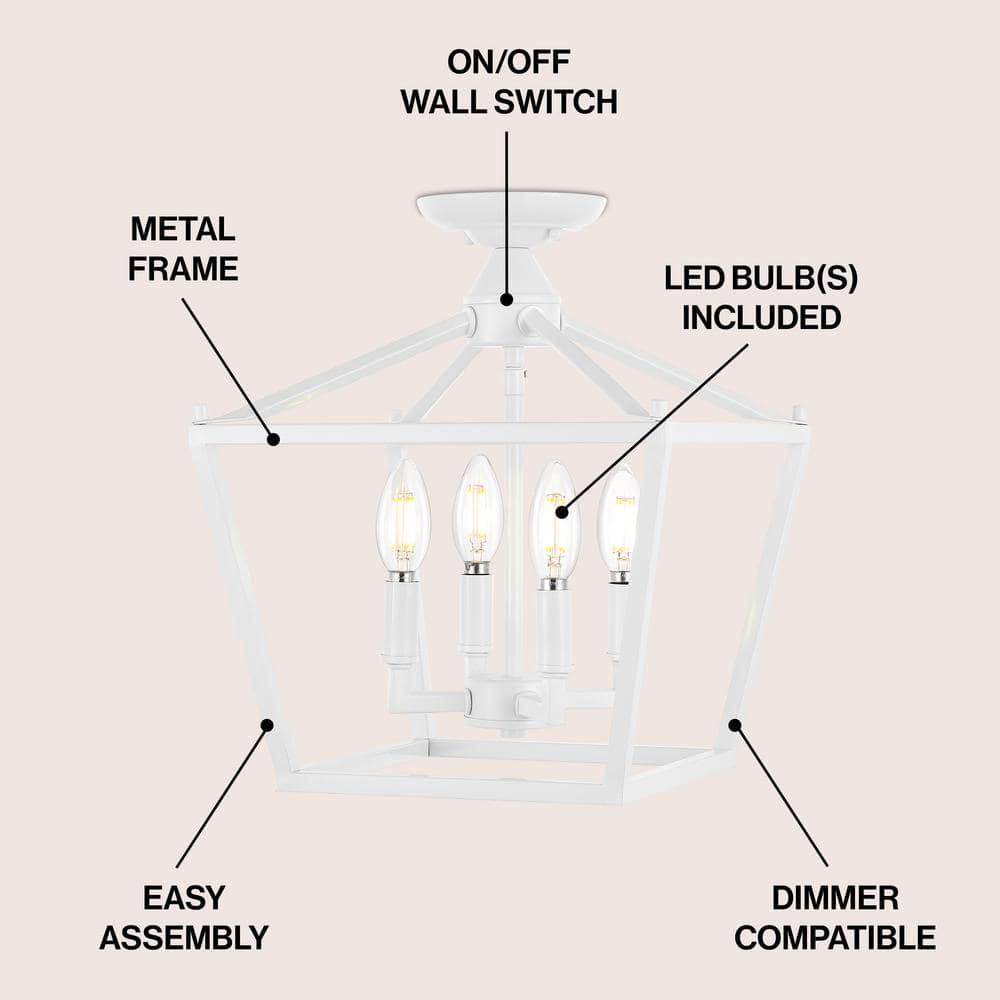 Plains Mini Lantern 12 in. 4-Light Iron Modern Farmhouse LED Flush Mount, White