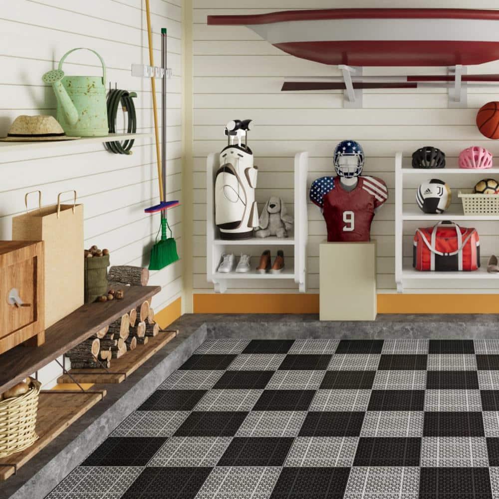 LoLado 12Pcs Plastic Interlocking Deck Tiles 12" x 12" Rosette Pattern Waterproof Outdoor All Weather Anti-slip Tiles for Bathroom Shower Balcony Porch, Gray