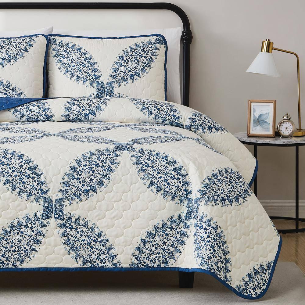 Cannon 2pc Twin/Twin Extra Long Abigail Quilt Bedding Set White/Blue: Microfiber, Paisley Pattern, Machine Washable
