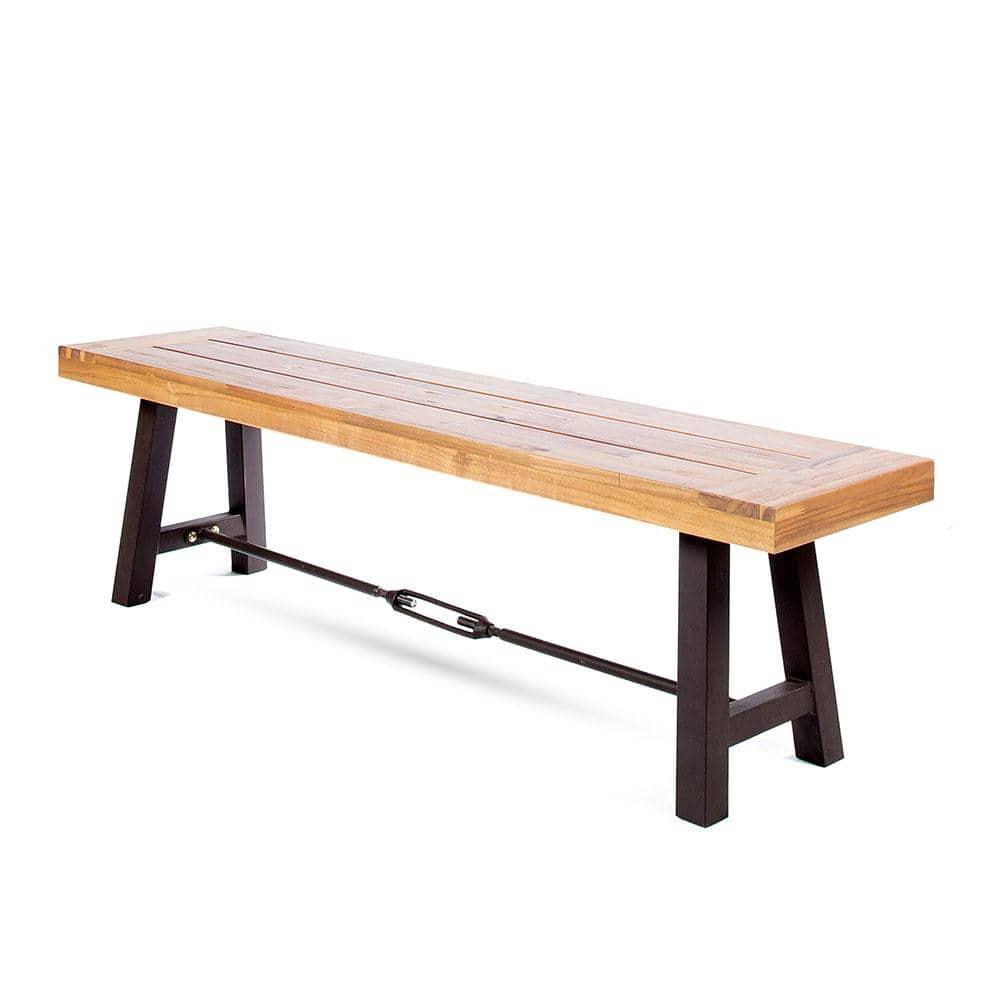 Rustic Black Steel and Acacia Wood Outdoor Bench