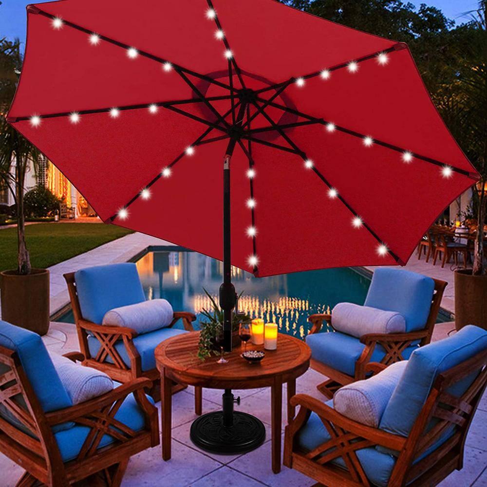 Blissun 9 ft Solar Umbrella, 32 LED Lighted Patio Umbrella, Table Market Umbrella, Outdoor Umbrella for Garden, Deck, Backyard, Pool and Beach (Red)