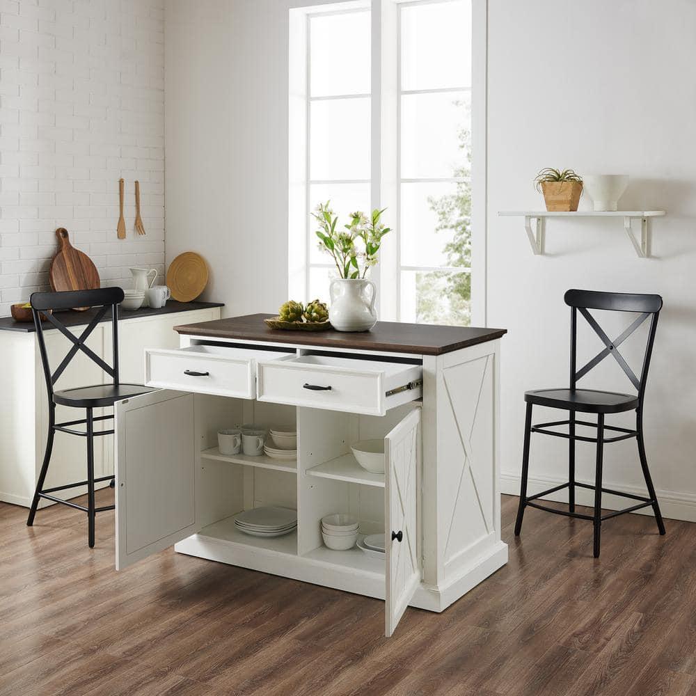 Clifton Kitchen Island with Camille Stools Distressed White/Black - Crosley