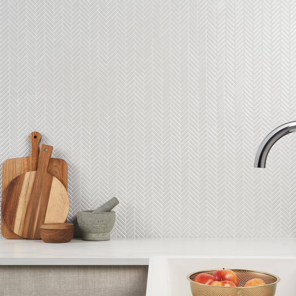 Monogram Herringbone 11.14 in. x 11.14 in. Glossy Porcelain Mosaic Floor And Wall Tile (0.86 Sq. Ft. / Each)