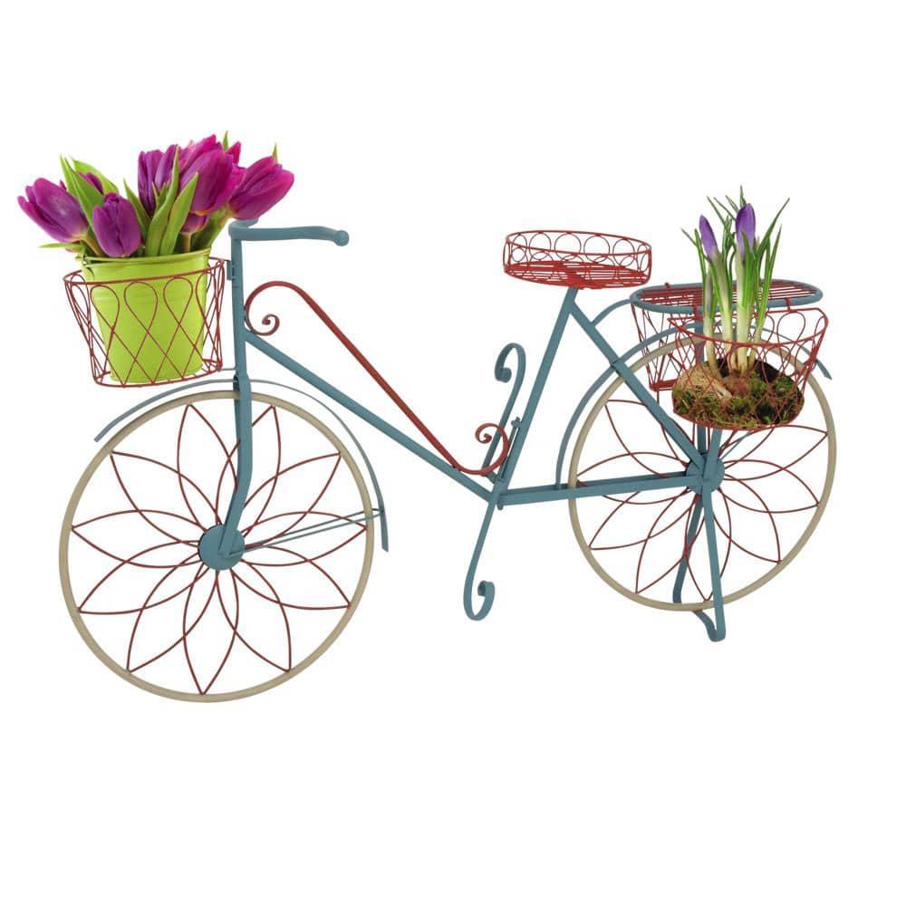 DecMode Vintage Turquoise/Red 3 Tier Bicycle Inspired Metal Plantstand, 54"W x 32"H