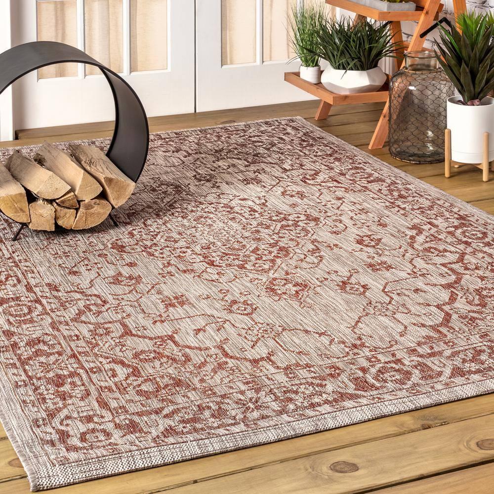 4'x6' Rozetta Boho Medallion Textured Weave Indoor/Outdoor Area Rug, Red/Taupe - JONATHAN Y