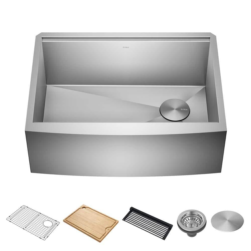 KRAUS Kore™ 27" L Farmhouse Apron Front Workstation 16 Gauge Stainless Steel Single Bowl Kitchen Sink with Accessories