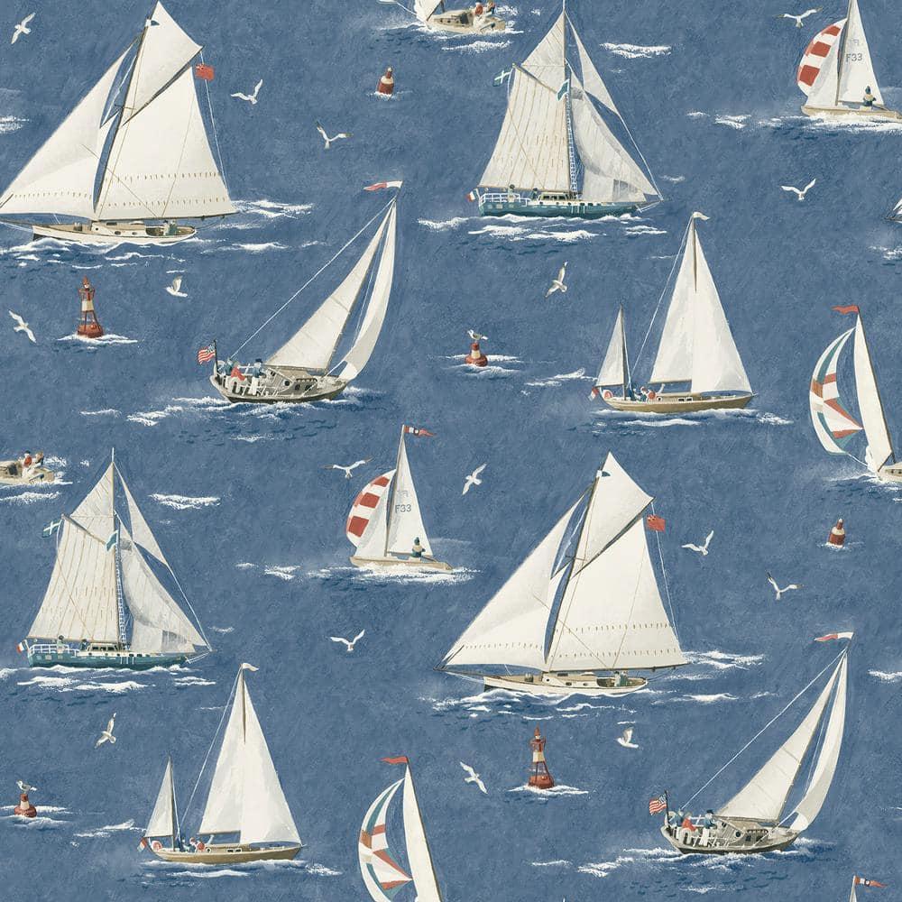 Navy Blue Sailboat Pre-Pasted Washable Wallpaper