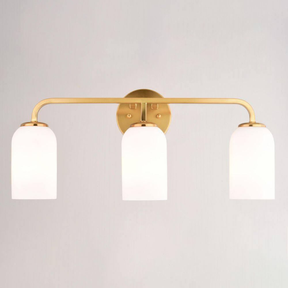 Shelby 3 Light Gold Brass Transitional Bathroom Vanity Fixture White Glass