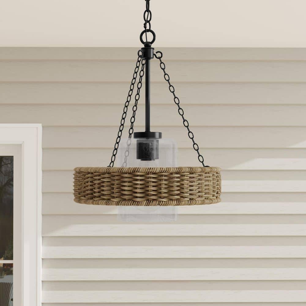 Progress Lighting Pembroke 1-Light Outdoor Wall Light, Matte Black, Rattan and Seeded Glass Shade