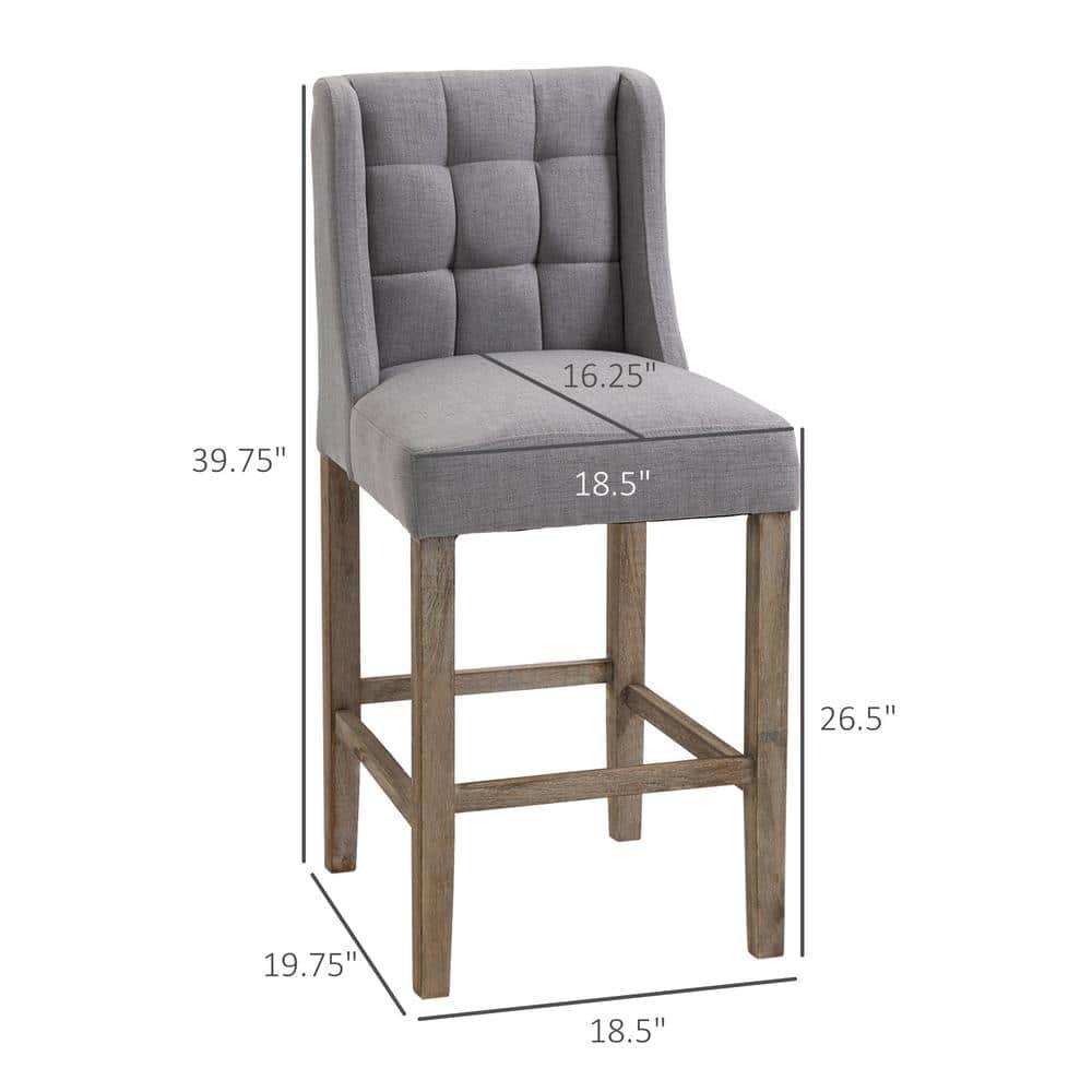 HOMCOM Counter Height Bar Stools, Tufted Upholstered Barstools, Pub Chairs with Back, Rubber Wood Legs for Kitchen, Dinning Room, Set of 2, Gray