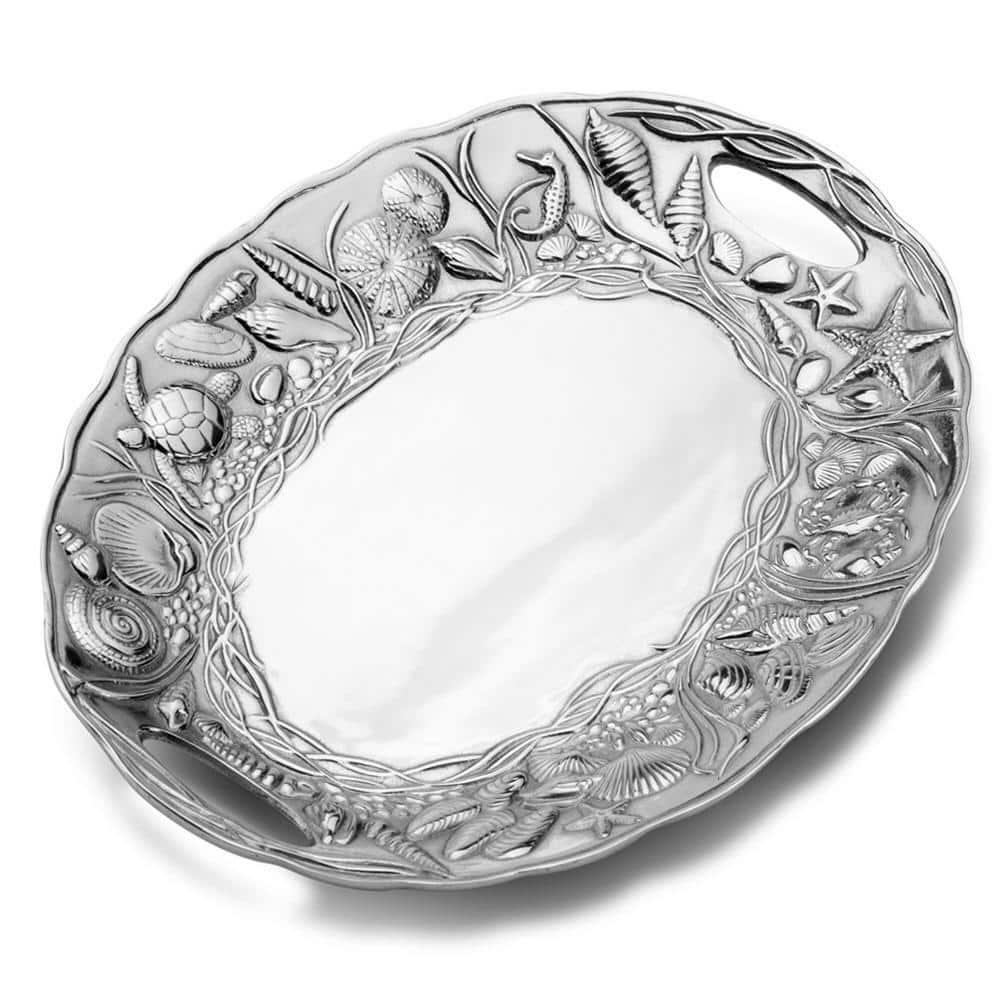 Coastal Silver Alloy Handle Tray with Ocean Motifs