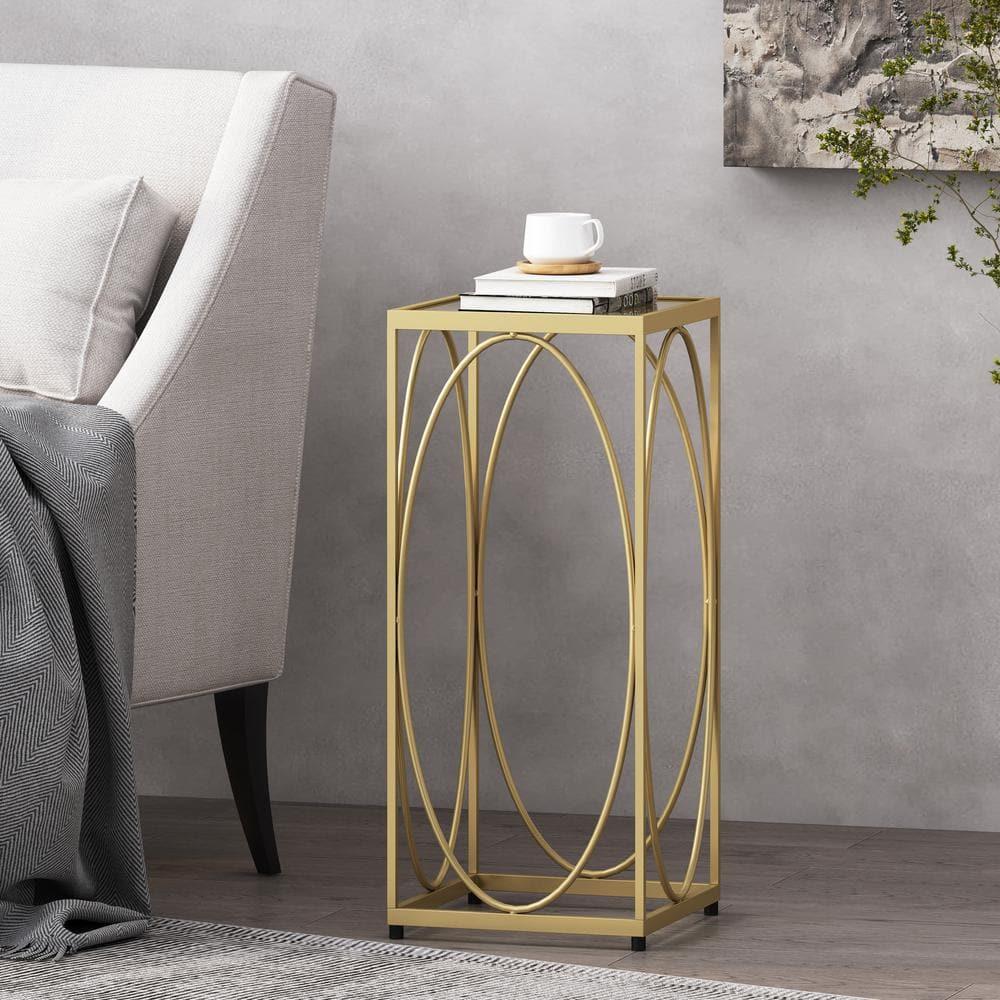 Noble House Sagewood Iron Glass Top End Table, Gold/Black