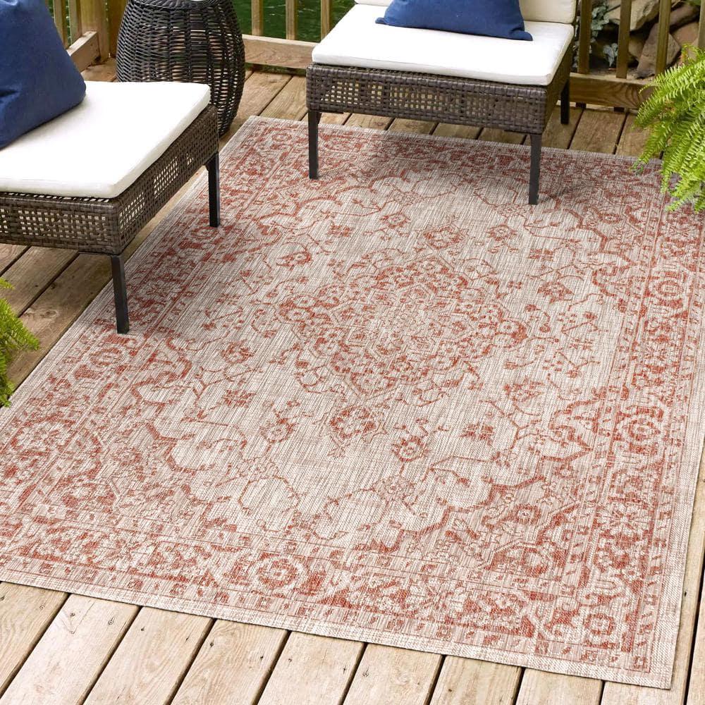 4'x6' Rozetta Boho Medallion Textured Weave Indoor/Outdoor Area Rug, Red/Taupe - JONATHAN Y