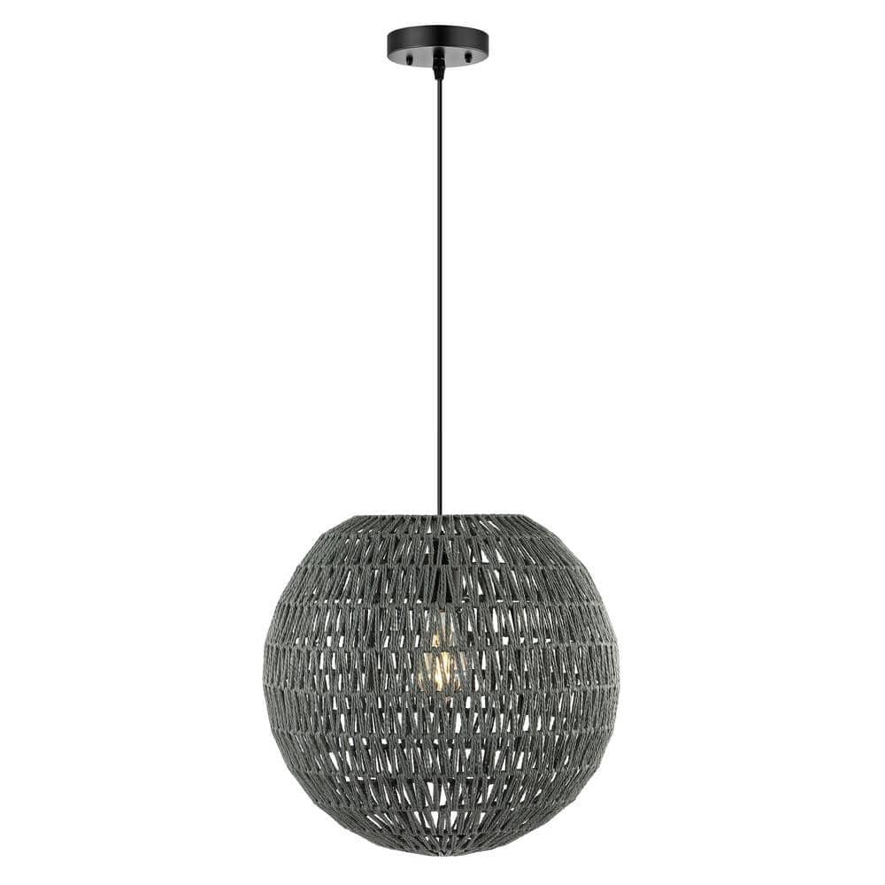 Luna 15.75" 1-Light Bohemian Modern Woven Rattan/Iron LED Pendant, Grey/Black